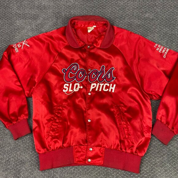 Vintage Coors Slo Pitch Satin Jacket Men's XL Fits Large Red Snap Beer Molson - Picture 2 of 15